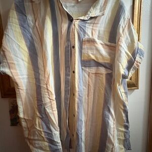 a.n.a Vertical Striped Button-Down Shirt in Blue, Yellow & Cream